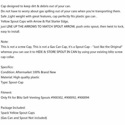 5x Replacement YELLOW SPOUT CAP Top For BLITZ Fuel GAS CAN 900302 900092 900094