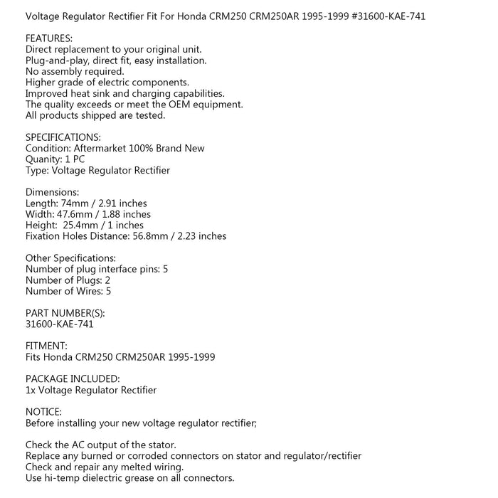 Regulator Rectifier Voltage for Honda CRM250 CRM250AR 1995-1999 31600-KAE-741