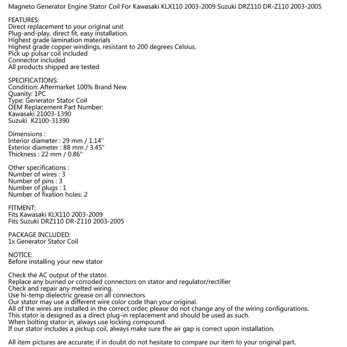 03-09 Kawasaki KLX110  Suzuki DRZ110 Magneto Generator Stator Coil
