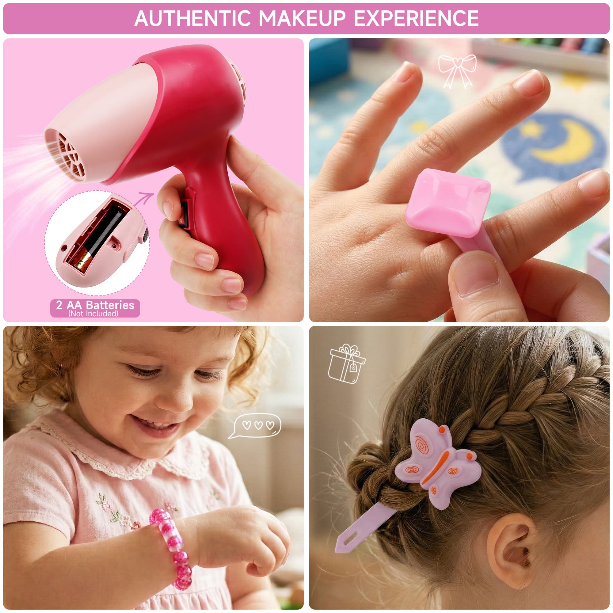 Toddler Makeup Table with Mirror and Chair Kids Vanity Set with Blowdryer for 3+