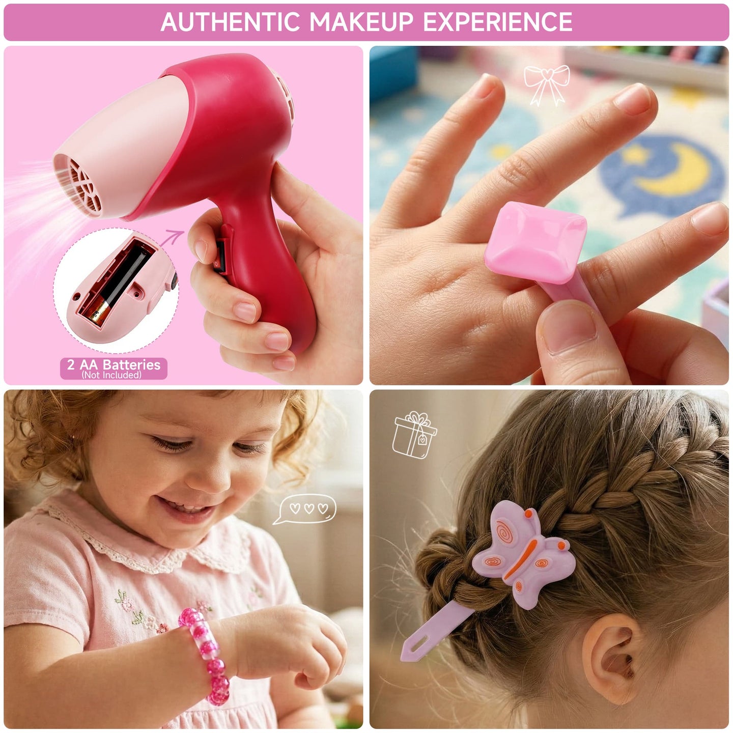 Toddler Makeup Table with Mirror and Chair Kids Vanity Set with Blowdryer for 3+
