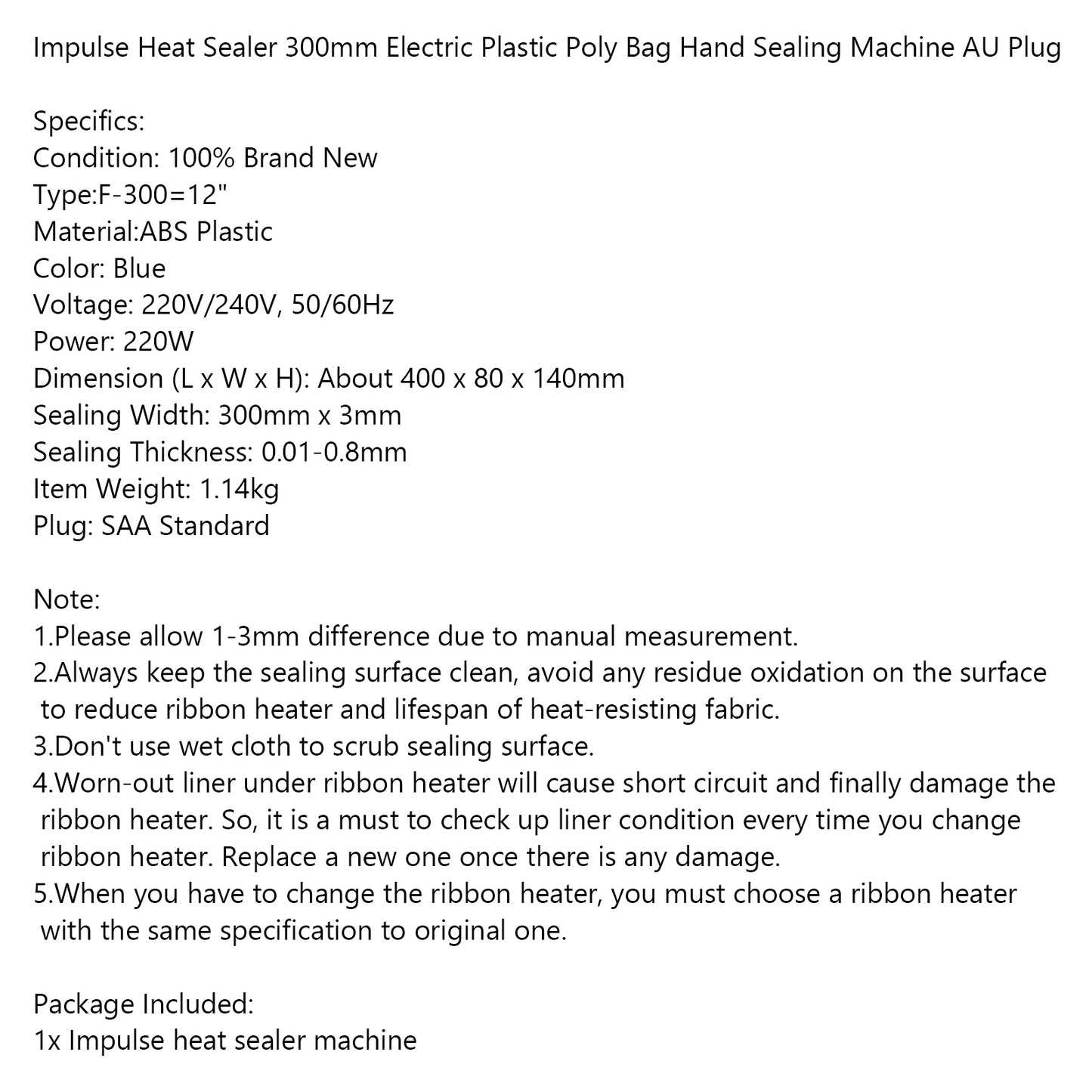 Economic 12 inchImpulse Heat Sealer 300mm Plastic Poly Bag Hand Sealing Machine UE