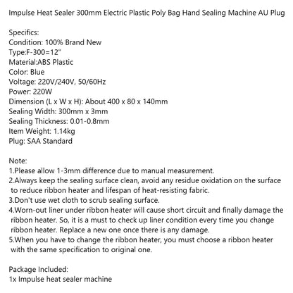 Economic 12 inchImpulse Heat Sealer 300mm Plastic Poly Bag Hand Sealing Machine UE