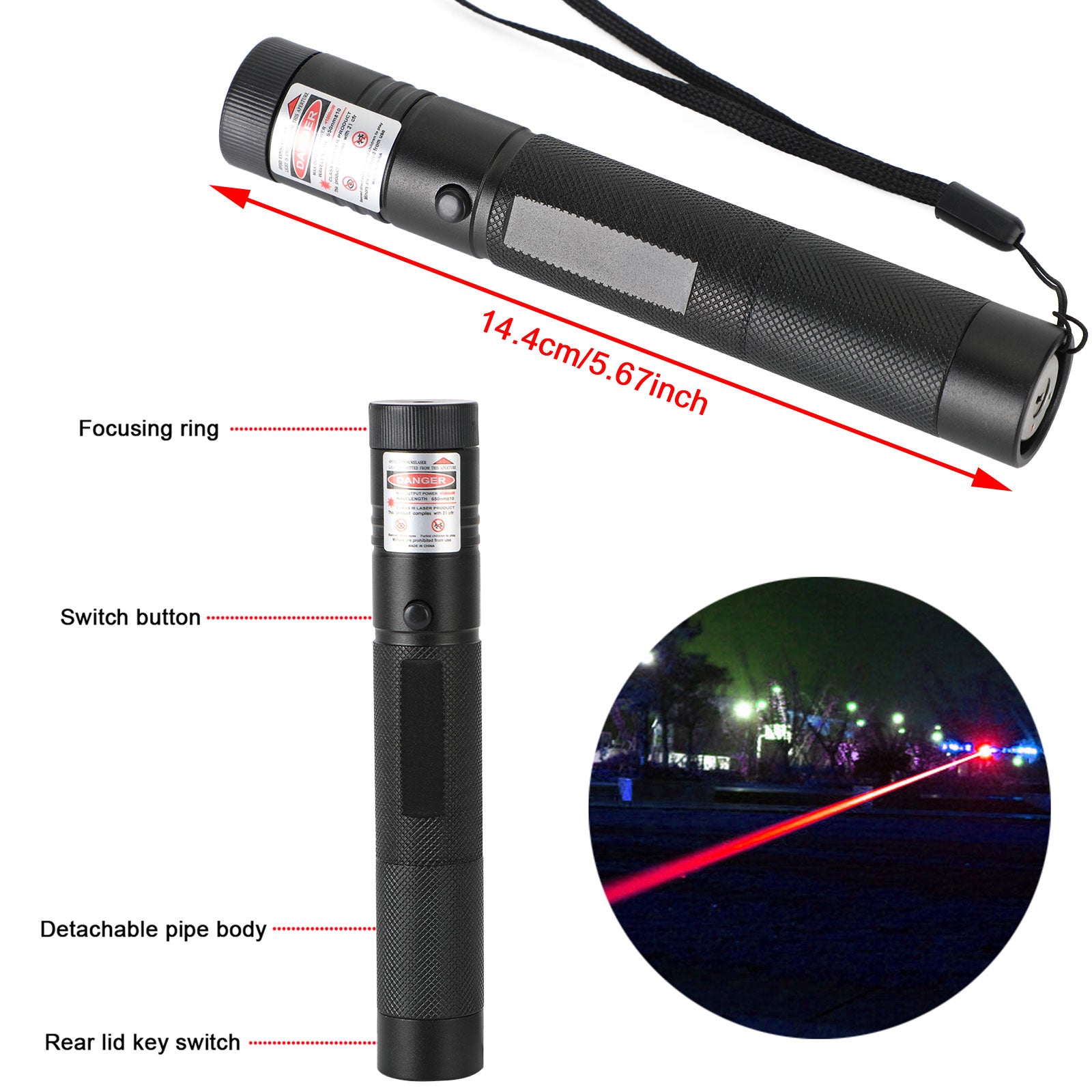 Rechargeable 900Miles Red/Green Laser Pointer Lazer Pen 650nm/532nm Visible Beam, Red