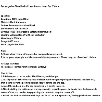 Rechargeable 900Miles Red/Green Laser Pointer Lazer Pen 650nm/532nm Visible Beam, Red