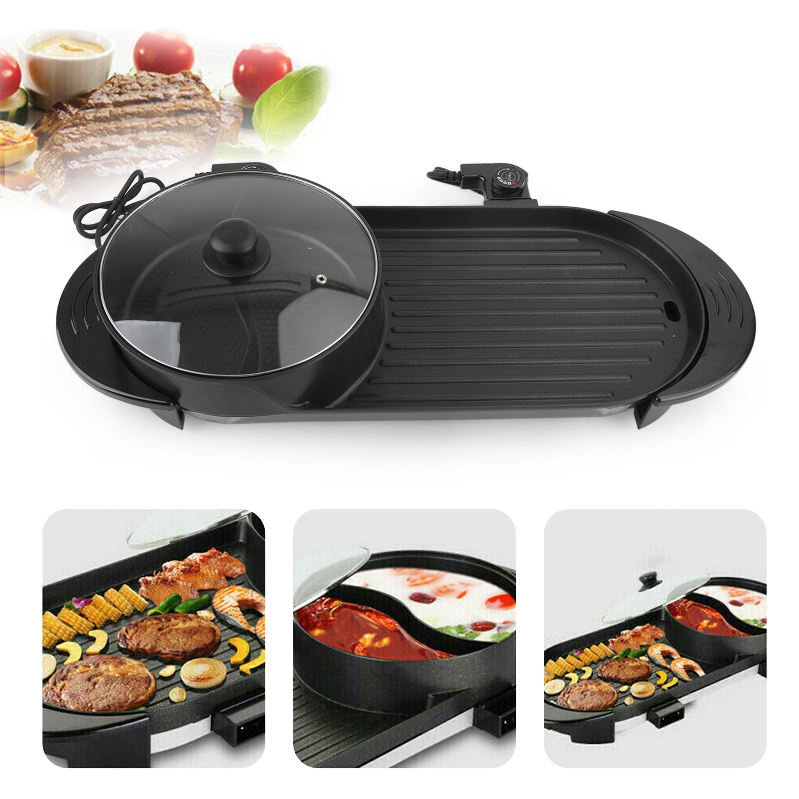 2-in-1 Electric Hot Pot and Grill for Indoor Korean BBQ & Shabu-Shabu, Large Non-Stick Pan for 7-8 People