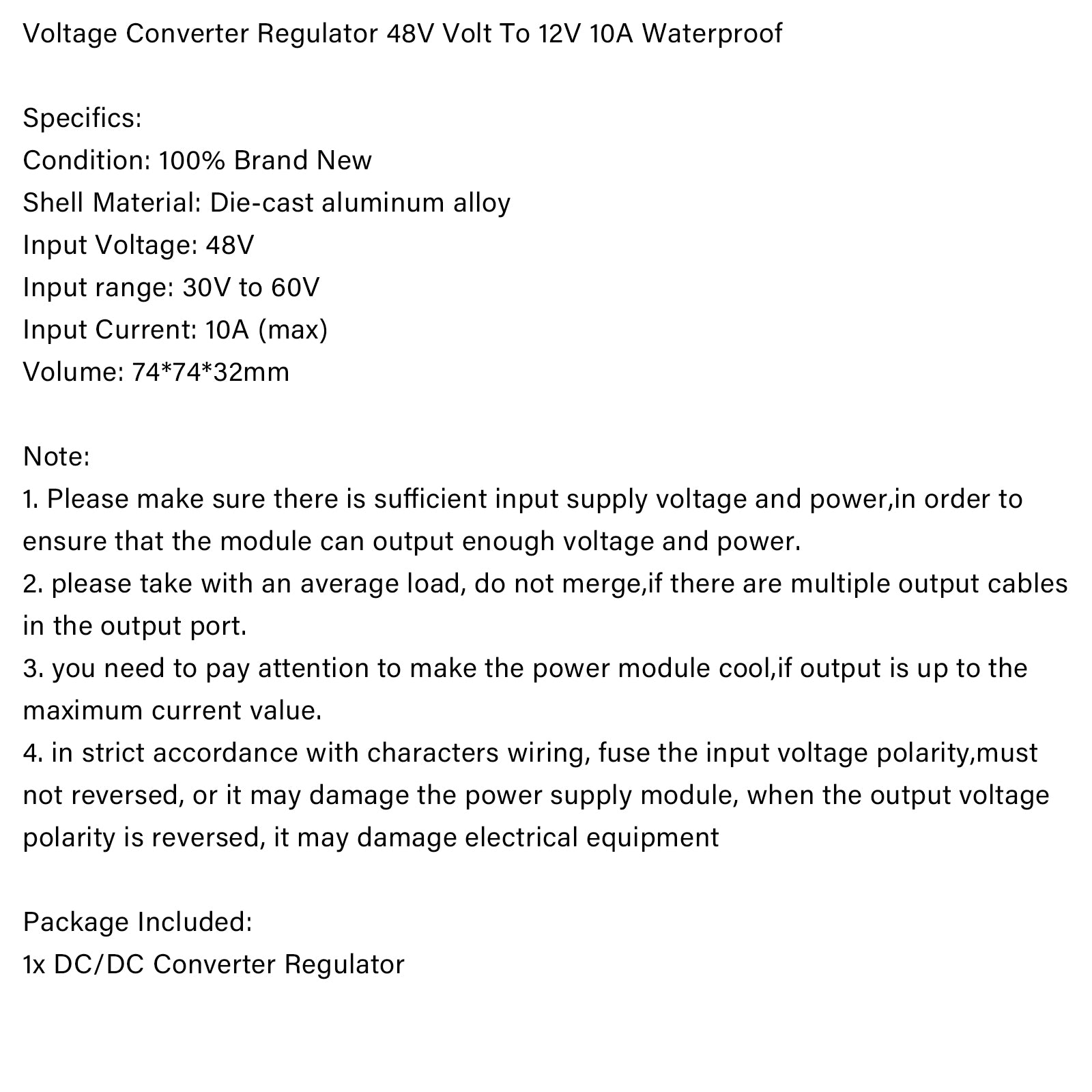 WaterProof 48V to 12V 10A 120W Step Down DC/DC Power Converter Regulator
