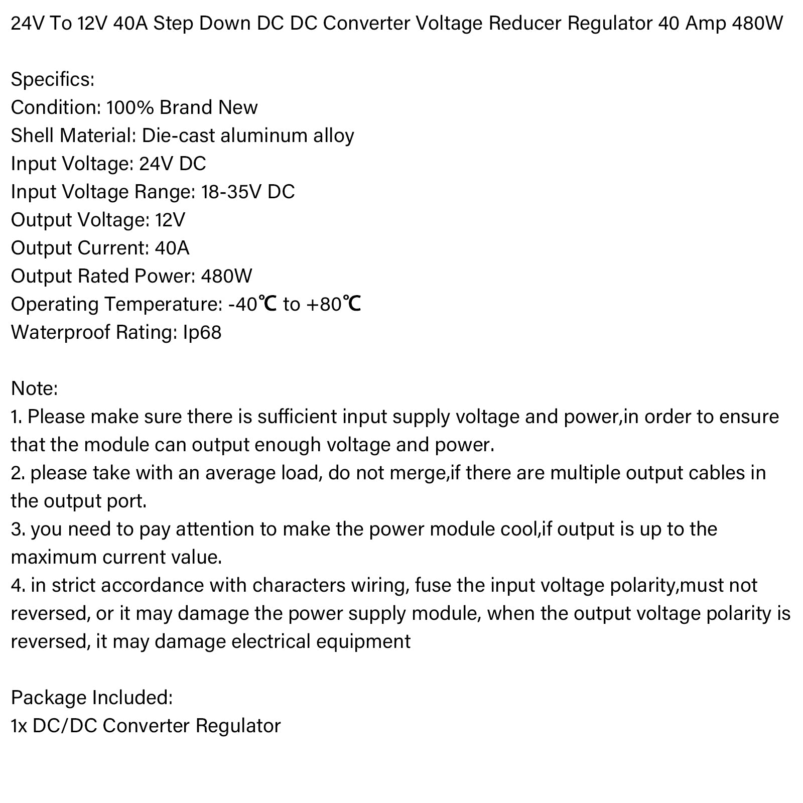 DC-DC Step Down Converter 30-120V to 12V 15A 180W, IP68 Waterproof Power Regulator for Golf Cart, Boat & Solar