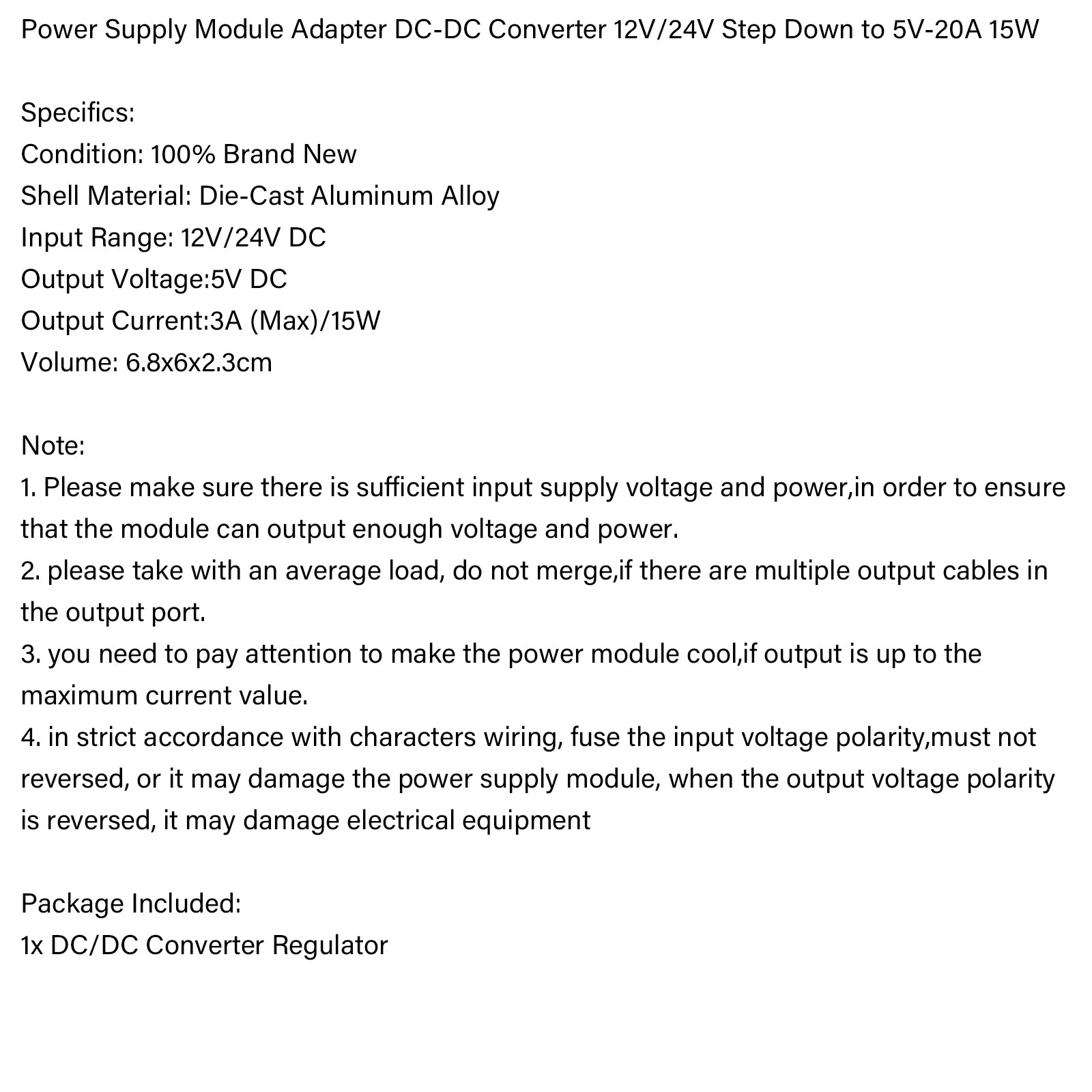 WaterProof 12V/24V to 5V 3A 15W Step Down DC/DC Power Converter Regulator