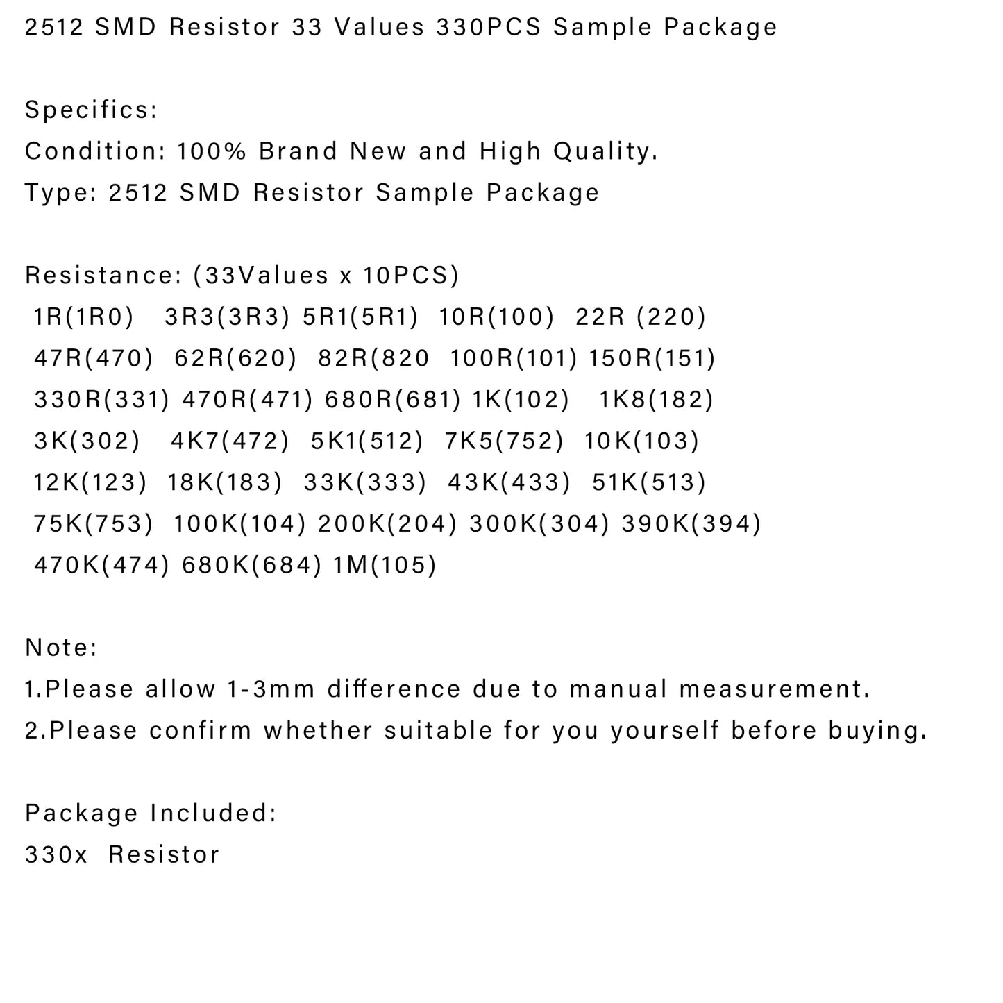 1210/2010/2512/1812 SMD Resistor Assorted Kit 1R-1M Ohm 5% 33 Values, 2512(330PCS)
