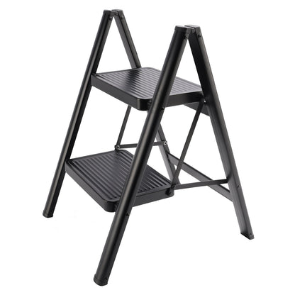 2-Step Ultra-Slim Folding Step Stool, 2" Thick Carbon Steel with Wide Anti-Slip Pedals, 330 lbs Capacity (Black)