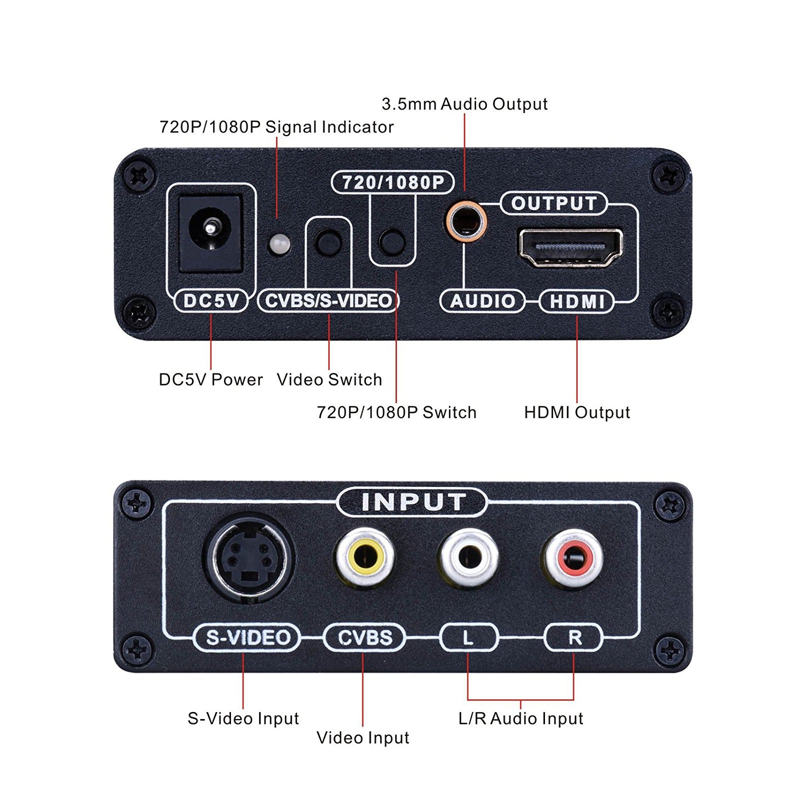 3 RCA AV+S-Video CVBS Composite R/L Audio to HDMI 1080P Converter US Plug Power