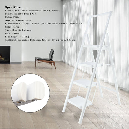 4-Step Ultra-Slim Folding Ladder, 2" Thick Carbon Steel Step Stool with Wide Anti-Slip Pedals, 330 lbs Capacity (White)