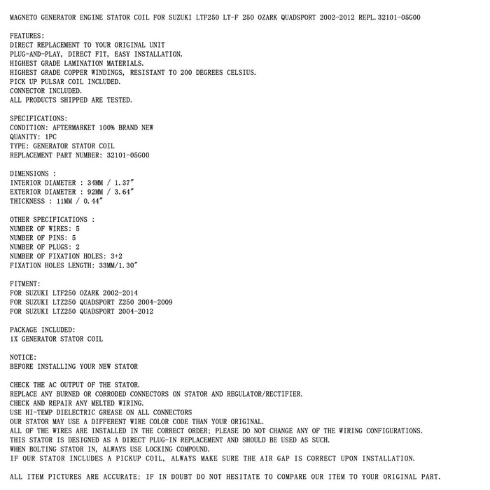 2004-2009 Suzuki LTZ250 LT-Z250 QuadSport Z250 32101-05G00 Alternator Stator