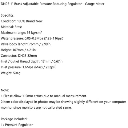 DN25 1" Brass Adjustable Water Pressure Reducing Regulator Valves With Gauge