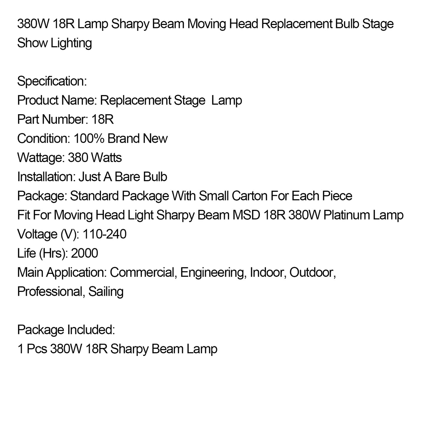 380W MSD 18R Lamp Sharpy Beam Moving Head Replacement Bulb Stage Show Lighting