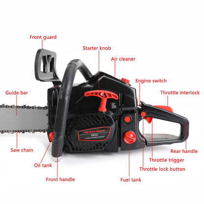 62cc Gas Chainsaw 20" Bar Gasoline Powered Chain Saw 2 Cycle Engine Cutting