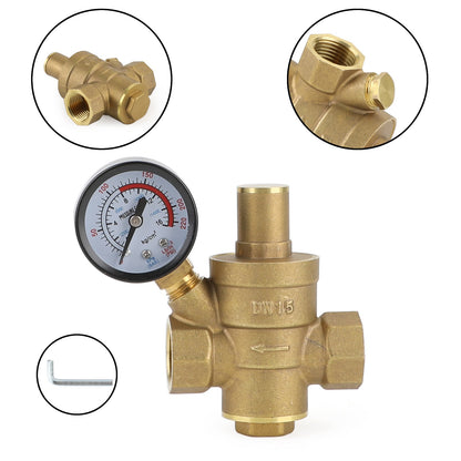 DN15 Brass Adjustable 1/2 Water Pressure Regulator Reducer With Gauge Meter