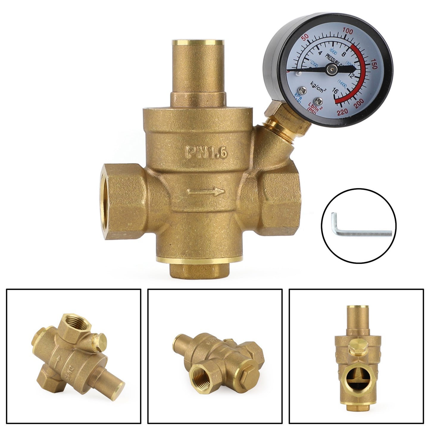 DN15 Brass Adjustable 1/2 Water Pressure Regulator Reducer With Gauge Meter