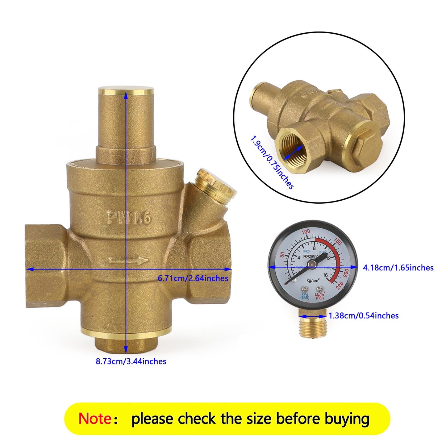 DN15 Brass Adjustable 1/2 Water Pressure Regulator Reducer With Gauge Meter