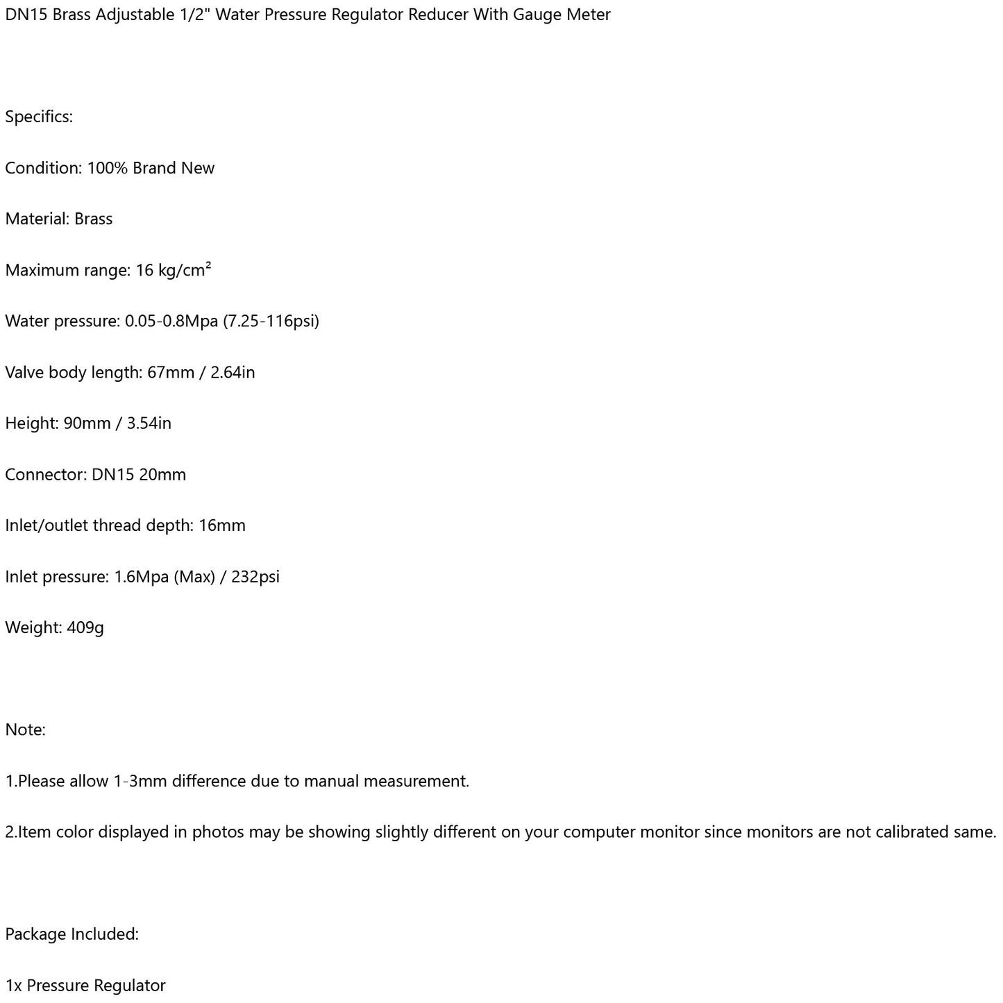 DN15 Brass Adjustable 1/2 Water Pressure Regulator Reducer With Gauge Meter