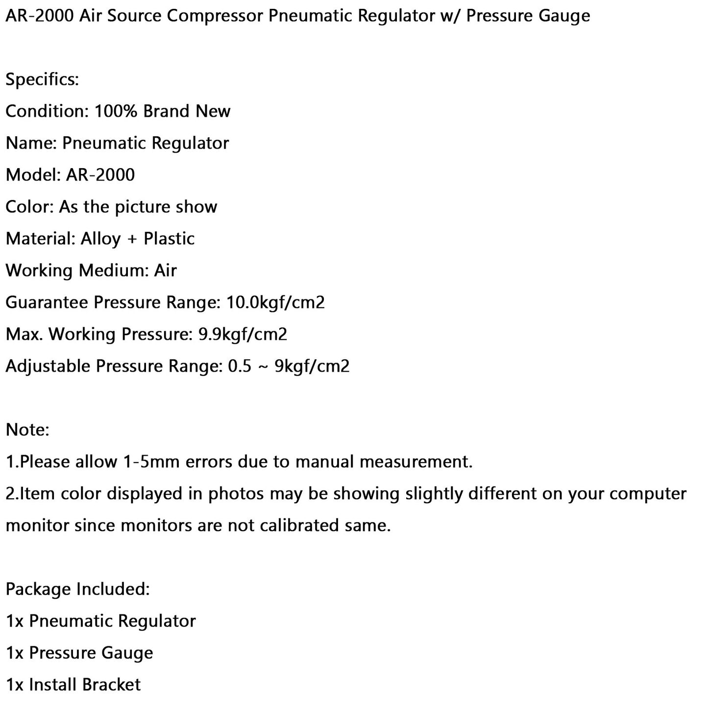 Air Control Compressor Pressure Gauge Relief Regulating Regulator Valve AR2000