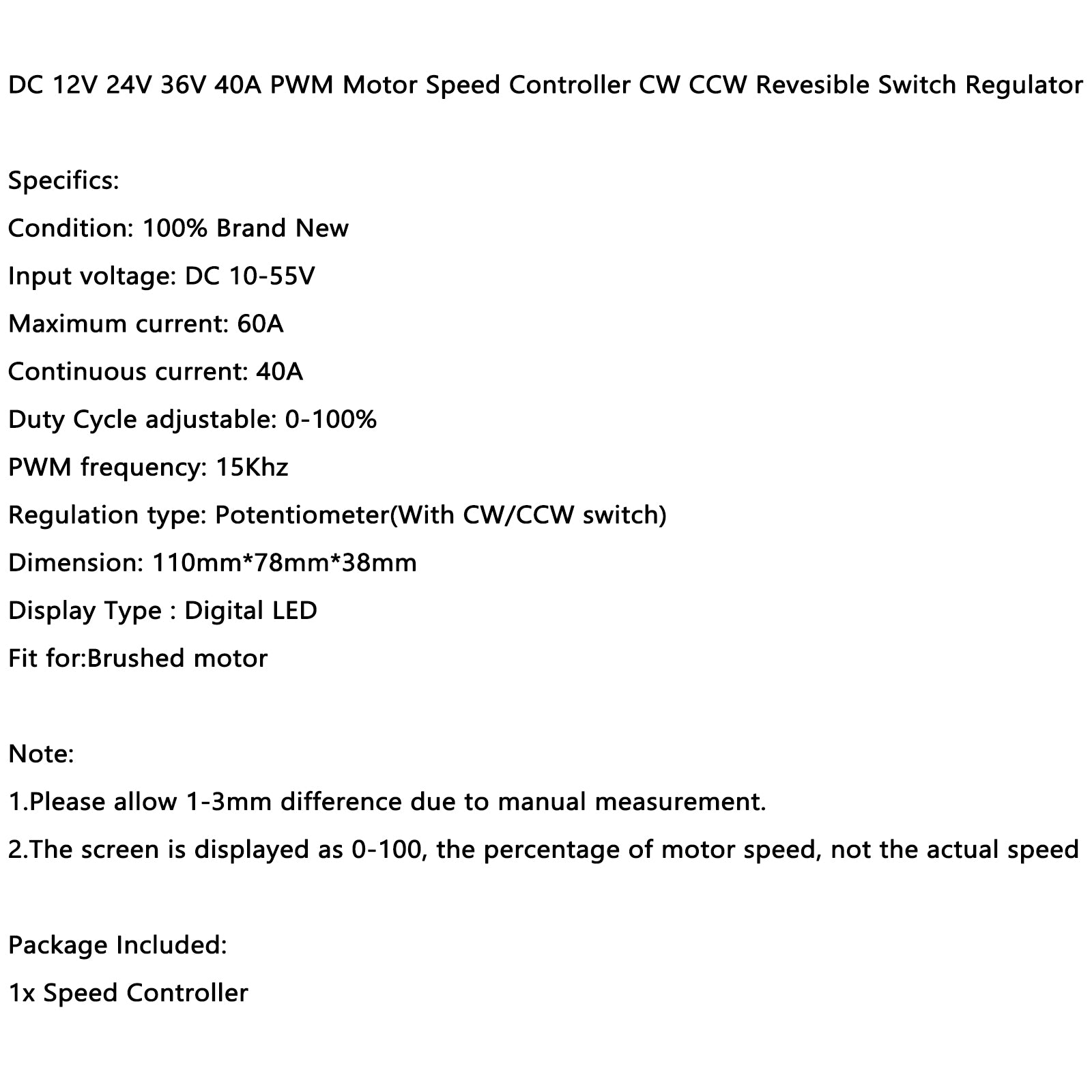 DC 10-55V MAX 60A PWM Motor Speed Controller CW CCW Reversible 12V 24V 36V