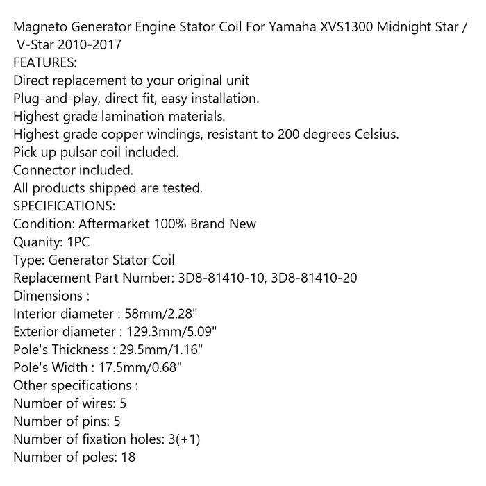 10-17 Yamaha XVS1300 V-Star / Midnight Star 3D8-81410-10 Generator Stator