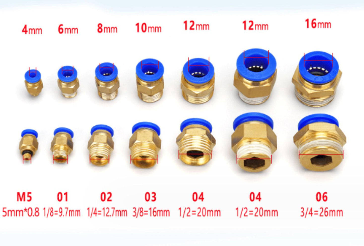 Male Straight Push In To Connect Air Fitting Tube OD 4/6mm x NPT 1/4 1/8", 6mm / 1/8"