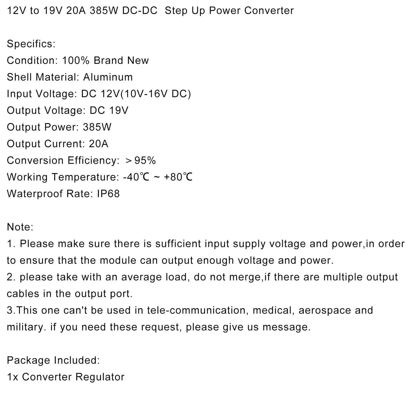 12V to 19V 20A 385W DC-DC Boost Step Up Power Converter Voltage Regulator UE