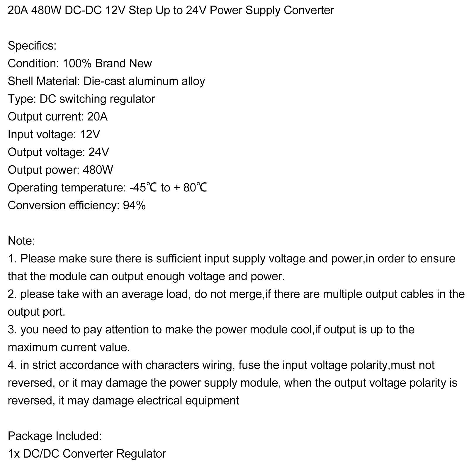 DC-DC 12V Step Up to 24V 20A 480W Car Power Supply Converter Regulator US