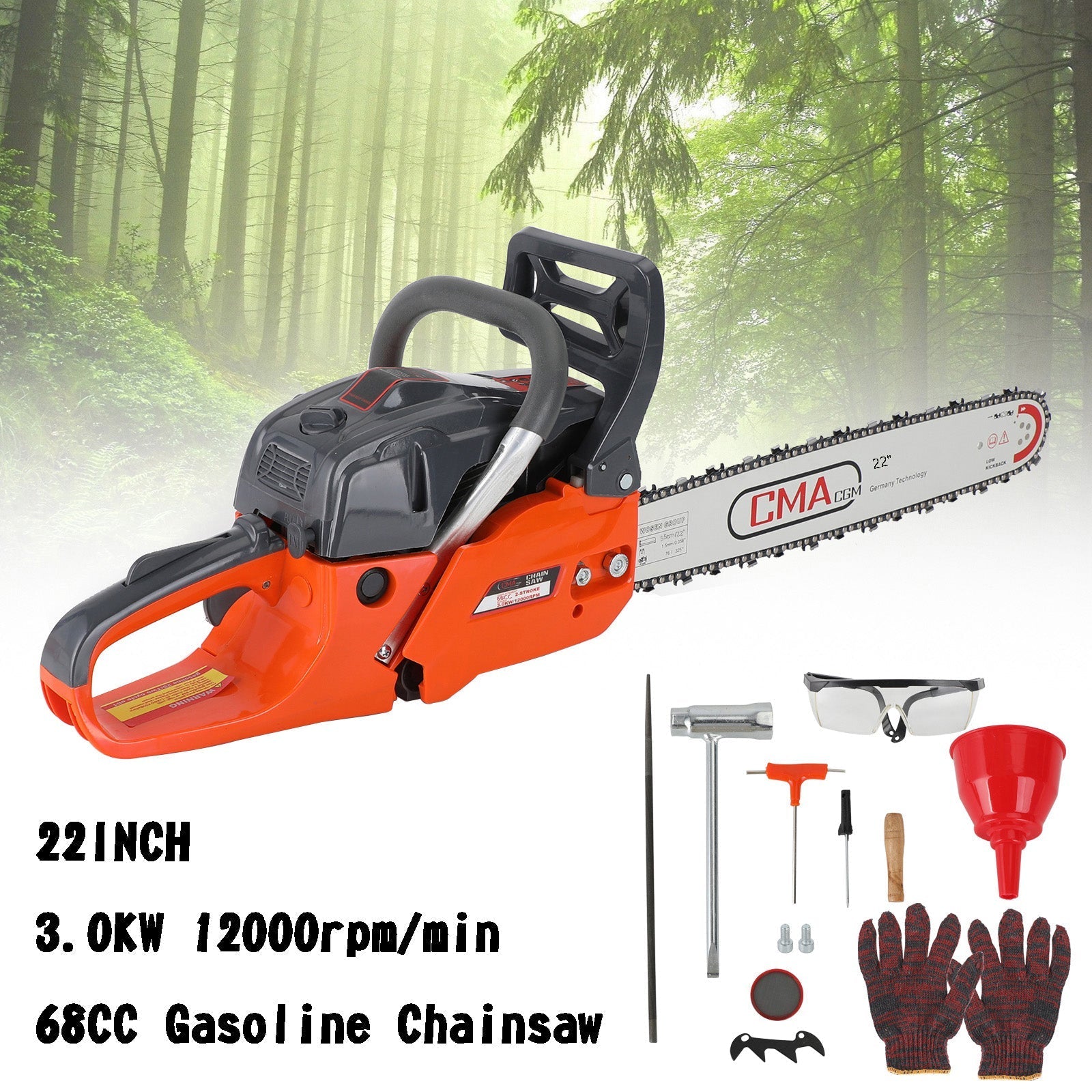 68CC Professional Gas Chainsaw with 22-Inch Bar, 3.0kW 2-Stroke Engine for Logging & Tree Felling