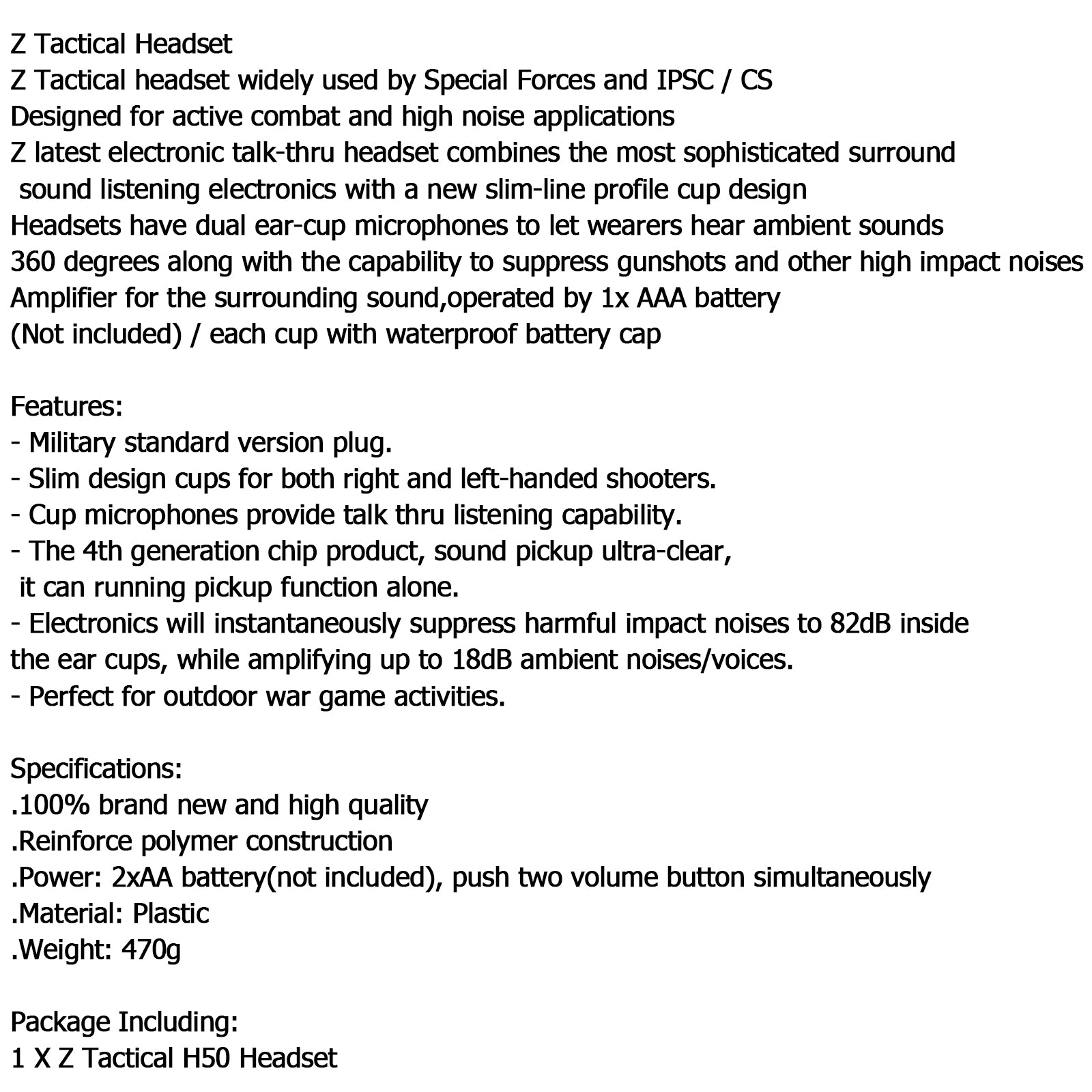 Tactical H50 Headset Used with PTT / U94 PTT For Kenwood two way radio