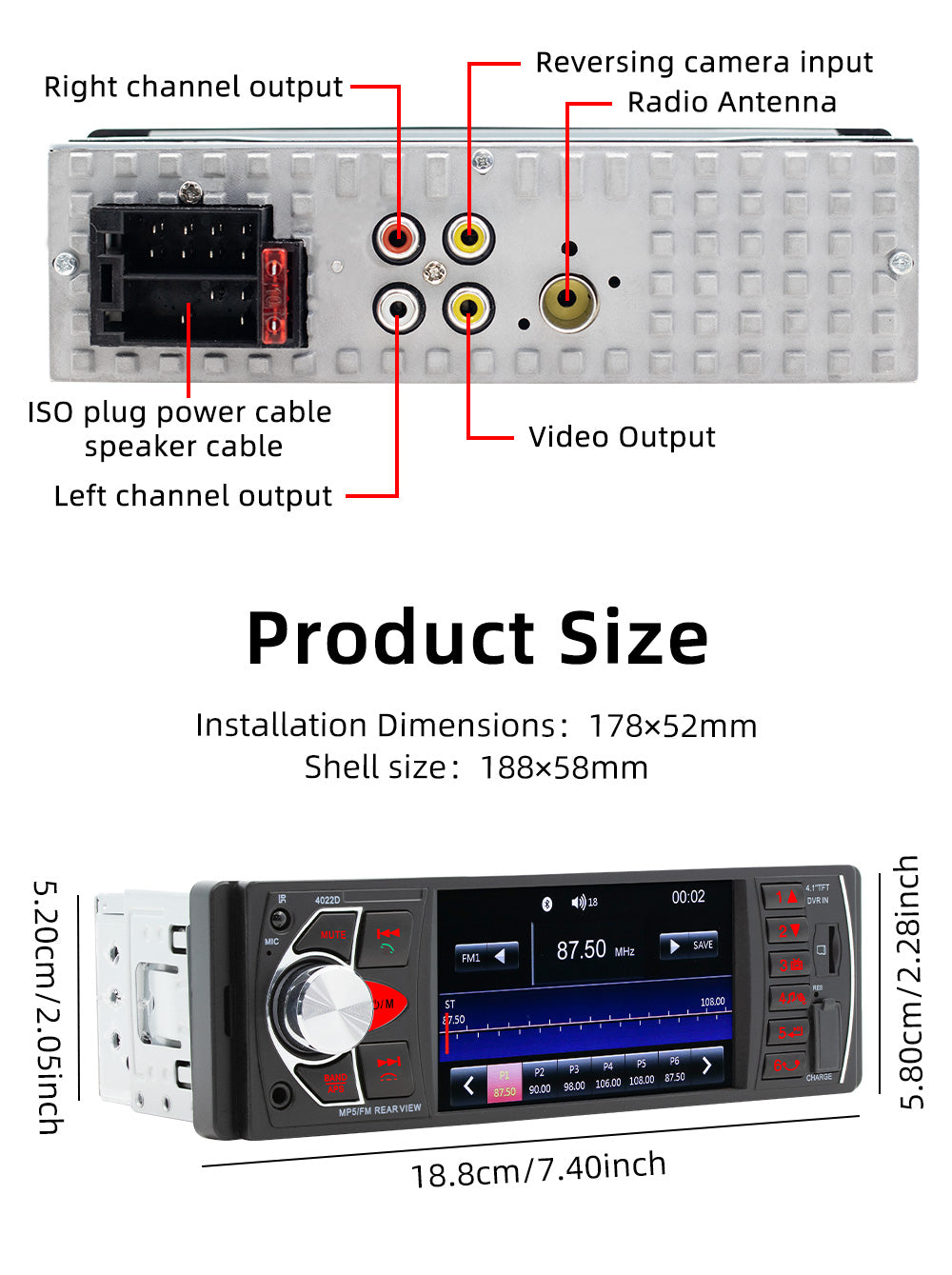 4.1 Inches Car Radio Stereo 1DIN Bluetooth FM USB AUX Audio MP5 Player + Camera