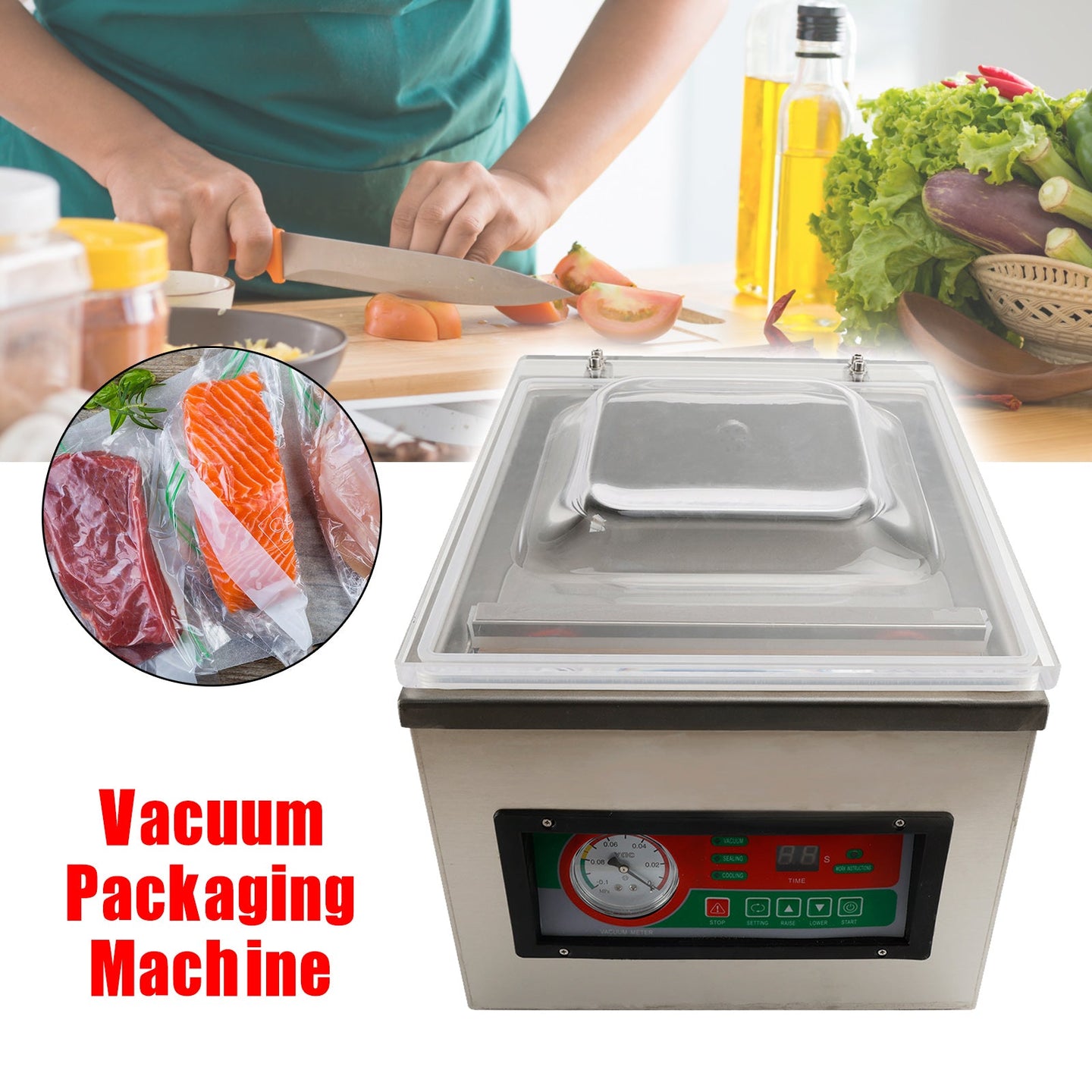 DZ-260C Commercial Vacuum Food Packaging Machine 120W Chamber Digital Sealer