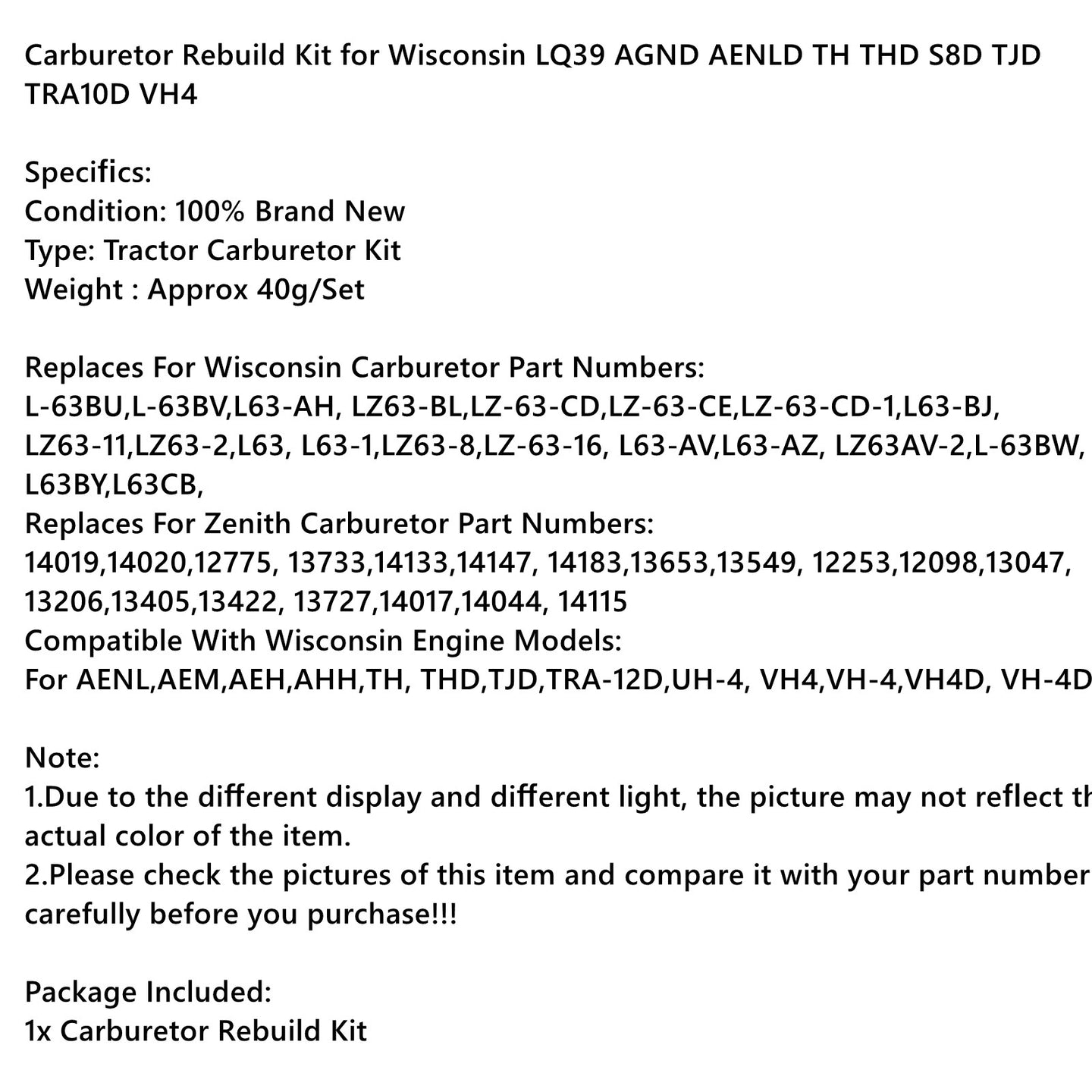 Carburetor Kit & Float for Zenith Wisconsin Engine VH4D VHD TJD replaces LQ39 US
