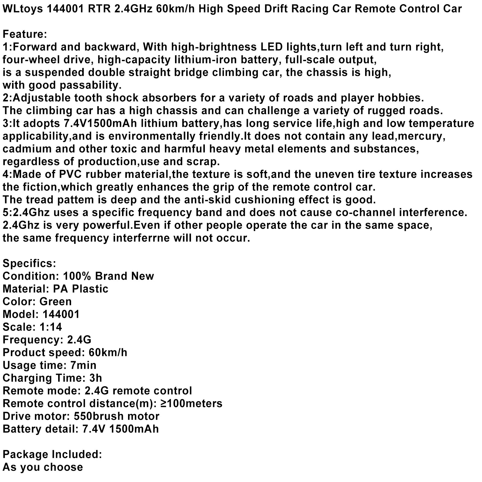 WLtoys 144001 2.4GHz 60km/h High Speed Drift Racing Car Remote Control Car USA