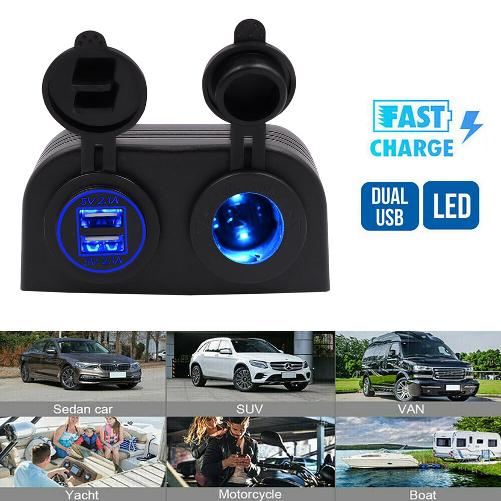 12V Dual USB Car Charger Socket – 4.2A Power Outlet with Surface Mount for Marine, RV, Truck, Boat