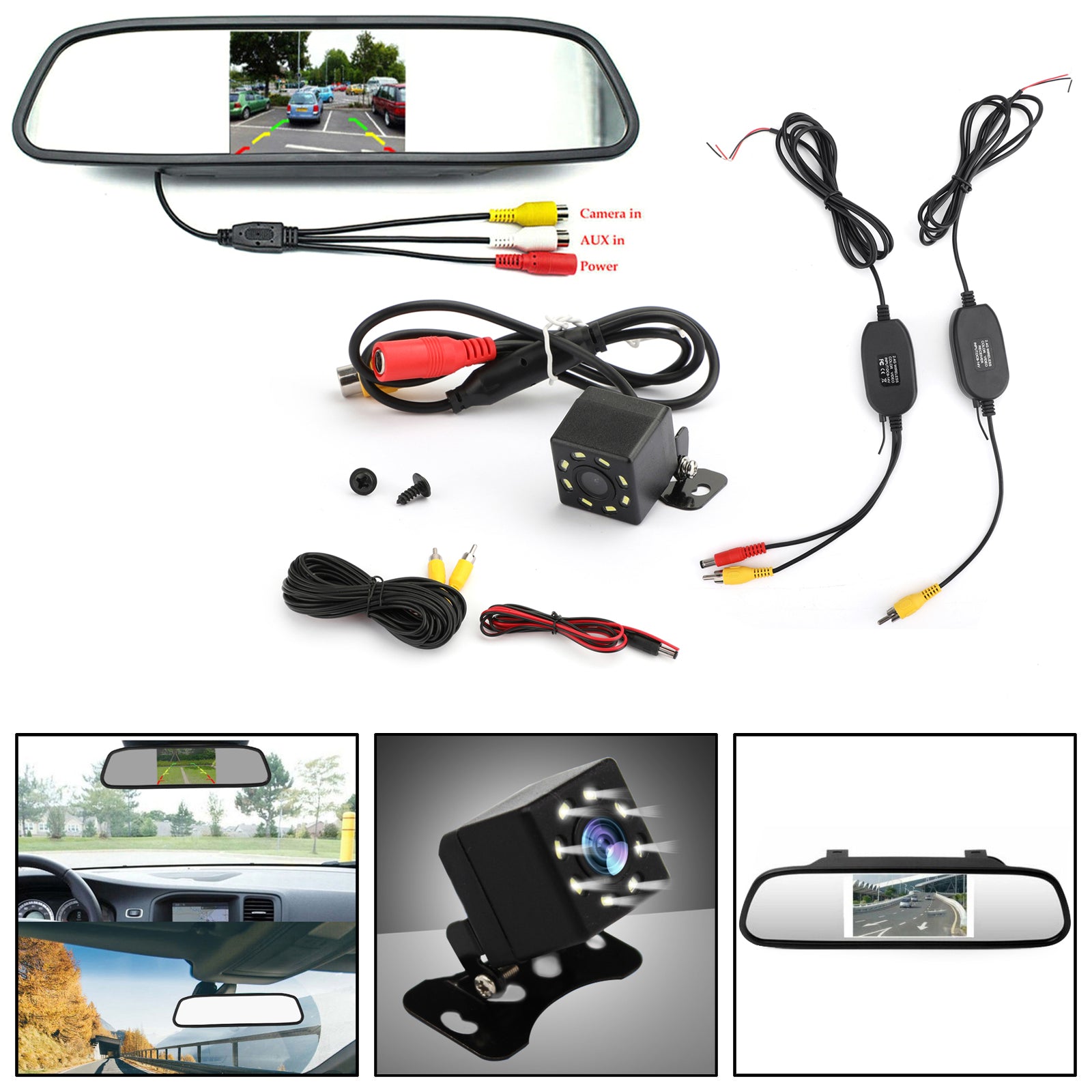 2.4GHz Car Rear Front HD Wireless Video Transmitter and Receiver + 8LED Camera + Car Monitor Kit Side View