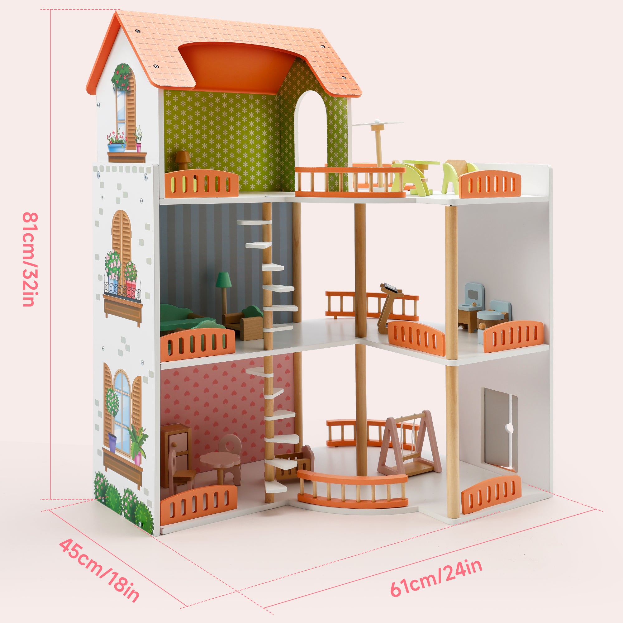 3 Story Wooden Doll House With Balcony 23 Accessories Toy Gift For 3 +Years Kids