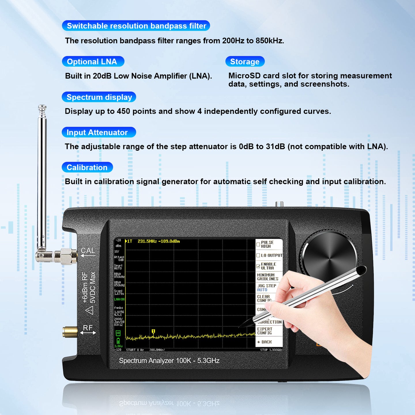 4" IPS LCD SA5 Multifunctionl Spectrum Analyzer 100k-5.3GHz Signal Generator