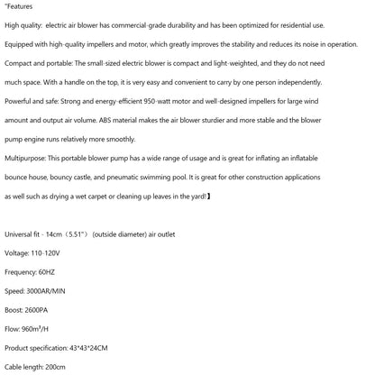 950 Watt Inflatable Bounce House Water slide Air Pump Blower Fan Inflatable castle