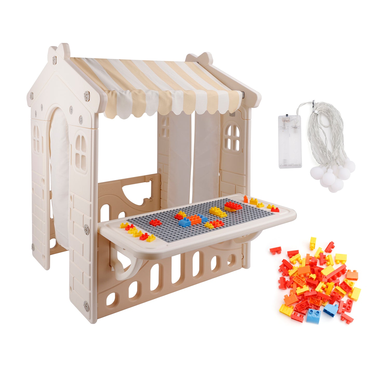 Kids Playhouse with Lights & Building Blocks, Foldable Plastic Outdoor Play Tent for Toddlers & Backyard Fun