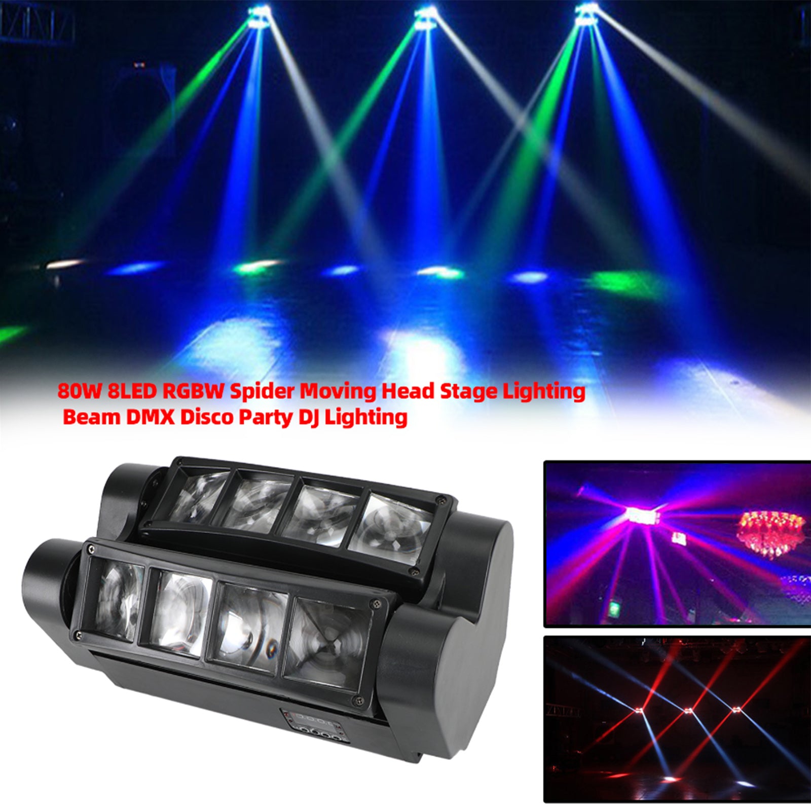 80W LED Spider Moving Head Light, 8x10W RGBW 8-Beam DMX & Sound Activated Stage Light for DJs & Parties