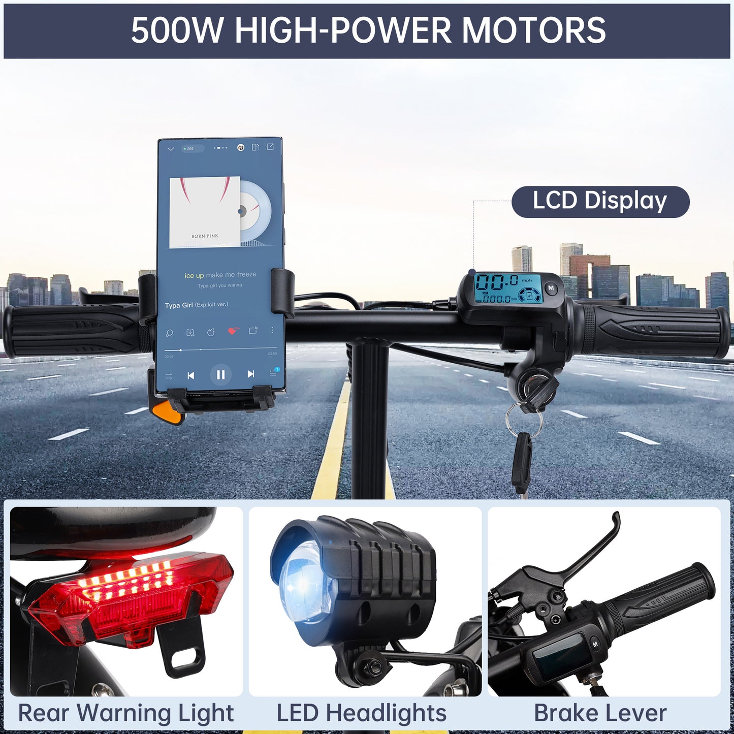 500W Adult Shock Absorption Electric Scooter with Seat 14" Commuter Electric Scooter With Carry Basket - Up to 30 Miles 20MPH