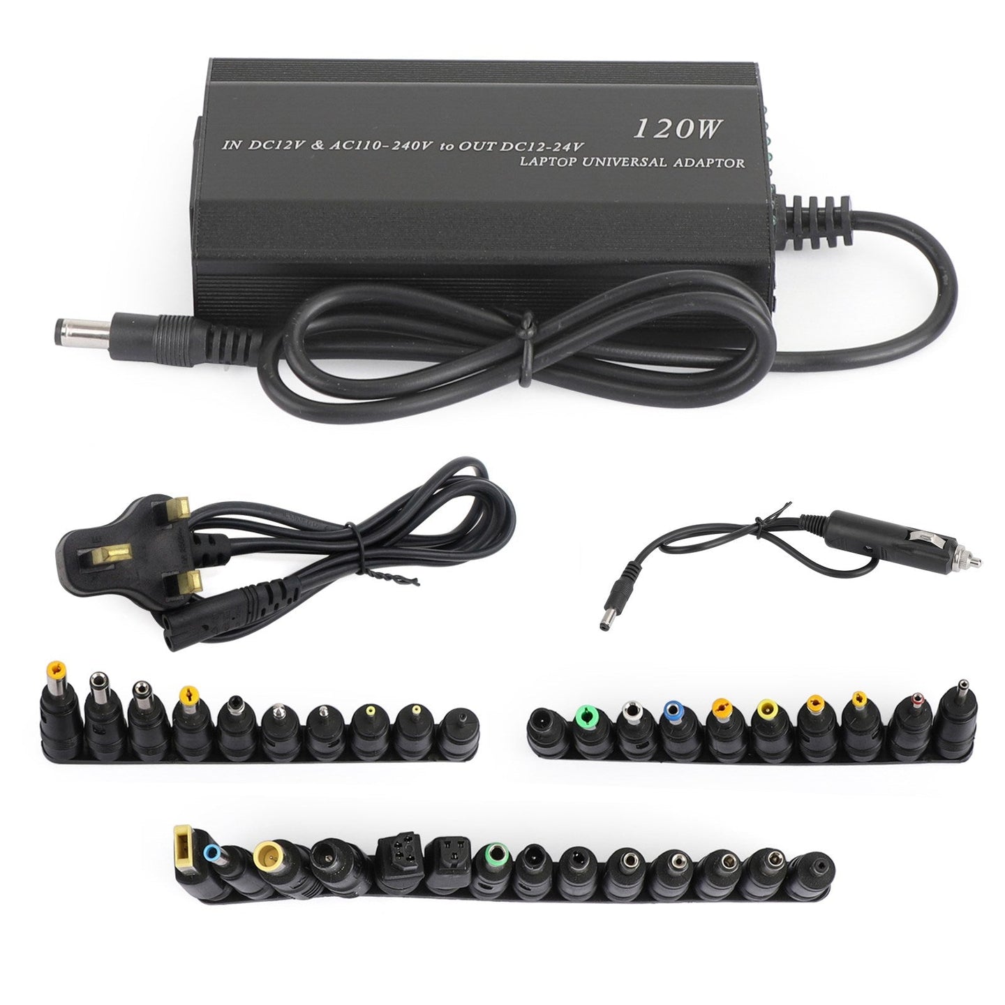 Universal 120W Laptop Charger Power Supply – AC/DC Adapter with 34 Tips for Notebook, Car & Home Use (US Plug)