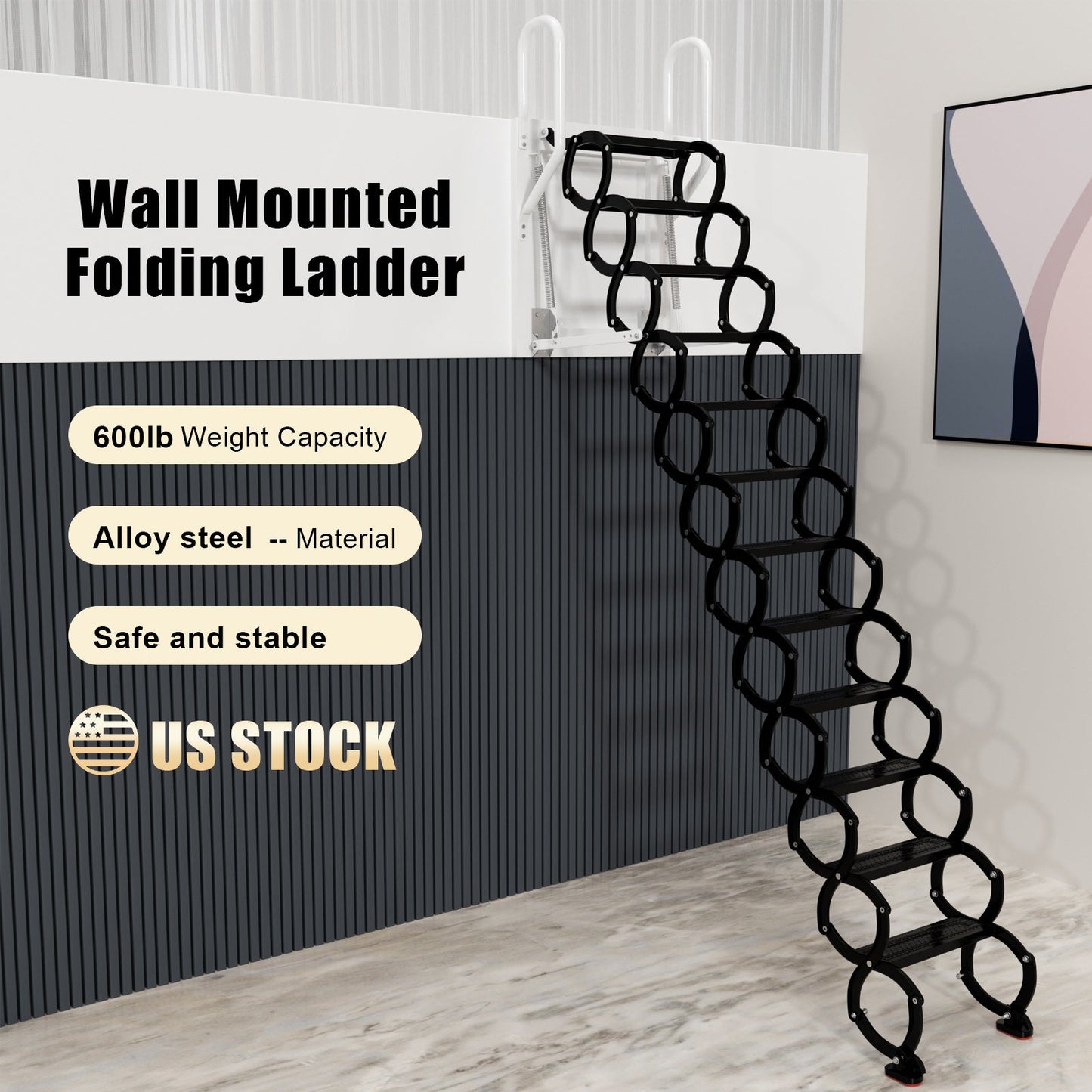 12-Step Folding Attic Ladder for 27.6" x 23.6" Wall Opening, 600 lbs Capacity Pull-Down Loft Stairs, up to 9.84ft Ceiling Height (Black)