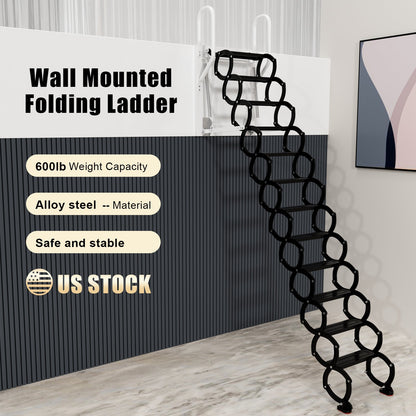 12-Step Folding Attic Ladder for 27.6" x 23.6" Wall Opening, 600 lbs Capacity Pull-Down Loft Stairs, up to 9.84ft Ceiling Height (Black)
