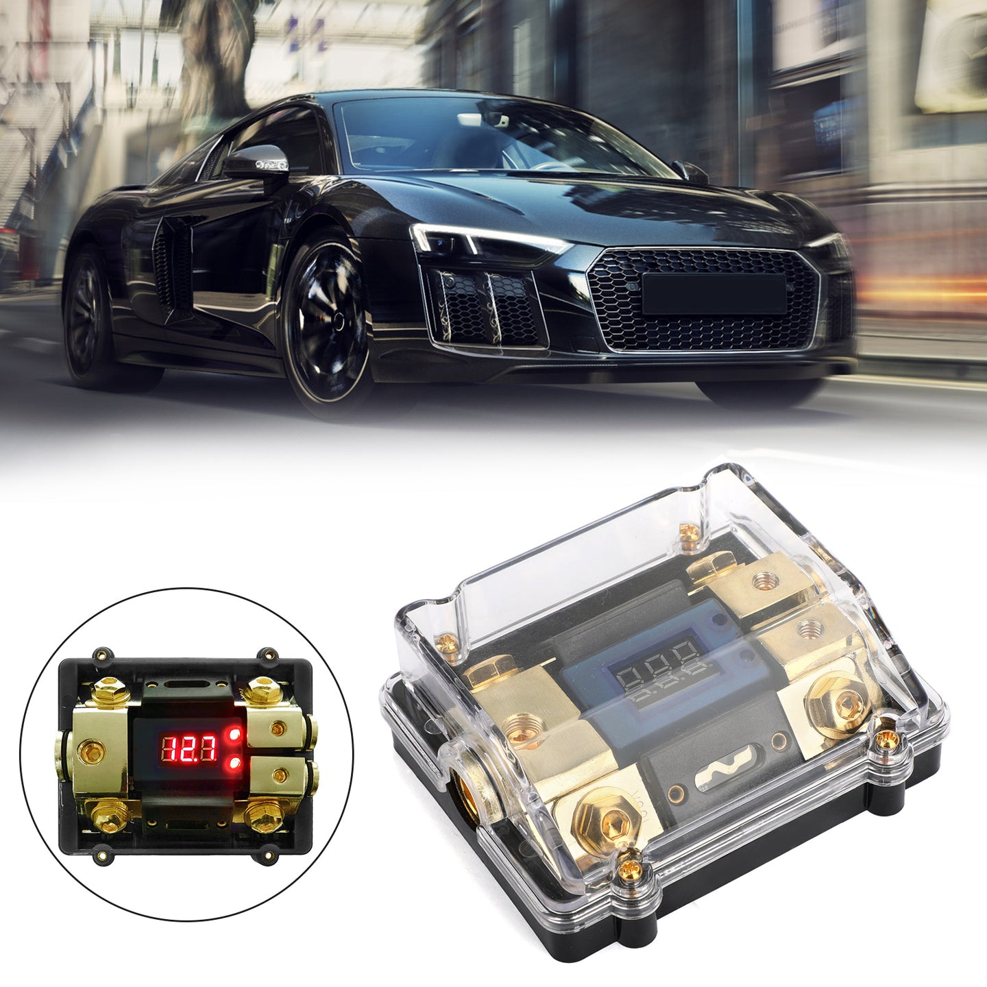 LED Display 1x0 IN 2x4GA OUT Distribution Block Fuse Holder Clear Cover Nickel Plated Splitter Heat resistant plastic housing for Car Audio Marine