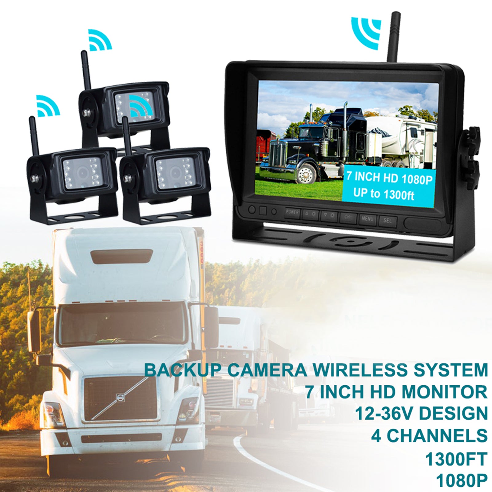 3 Camera Wireless AHD 1080P Backup Camera System with 7" Split Screen Monitor & DVR Recording for Truck, RV, Trailer
